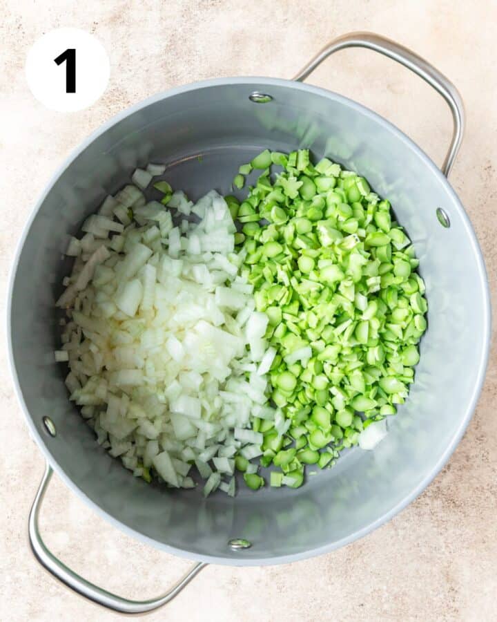 onion and broccoli stems in pot.