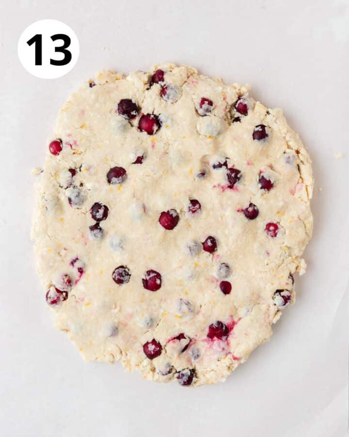 cranberry scone batter in large circle.