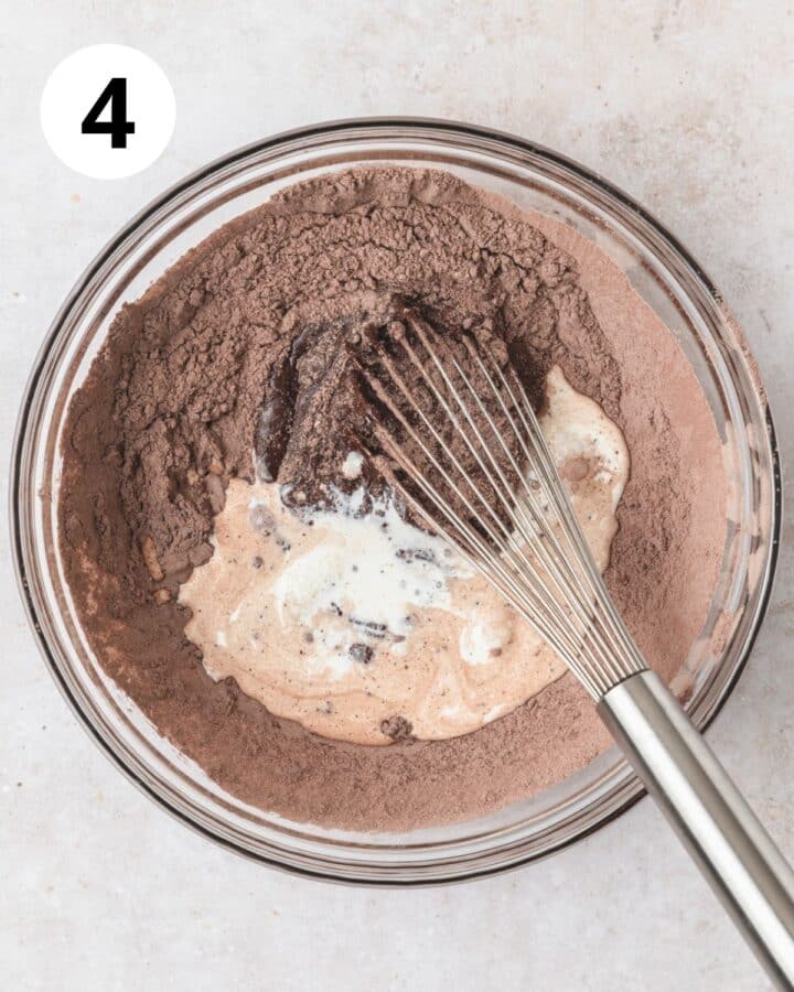 adding milk to cupcake batter.