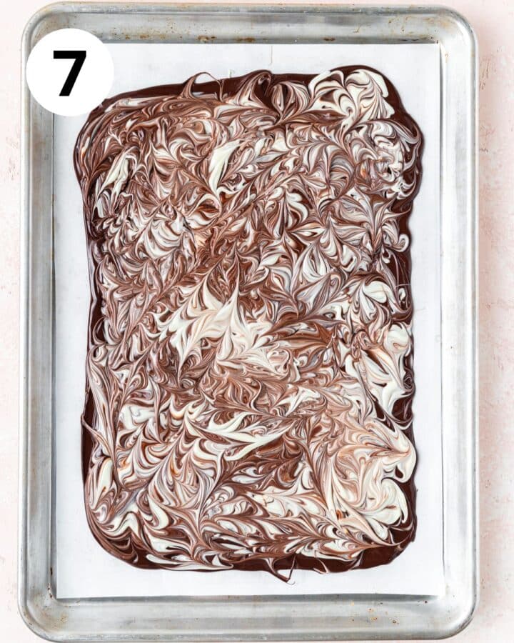 swirling dark and white chocolate together. 