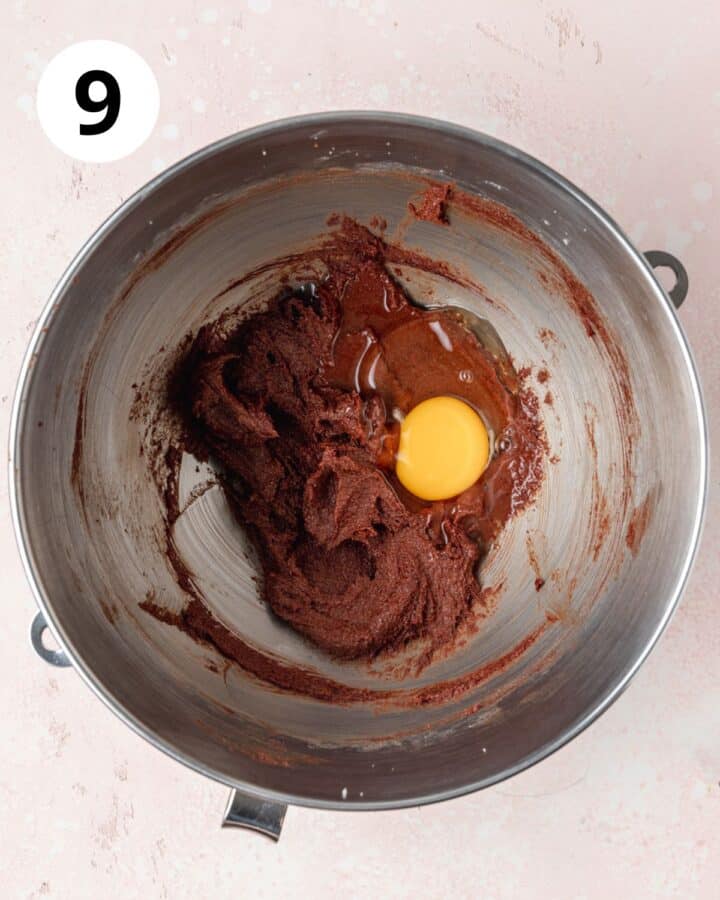 adding egg to sugar and chocolate.