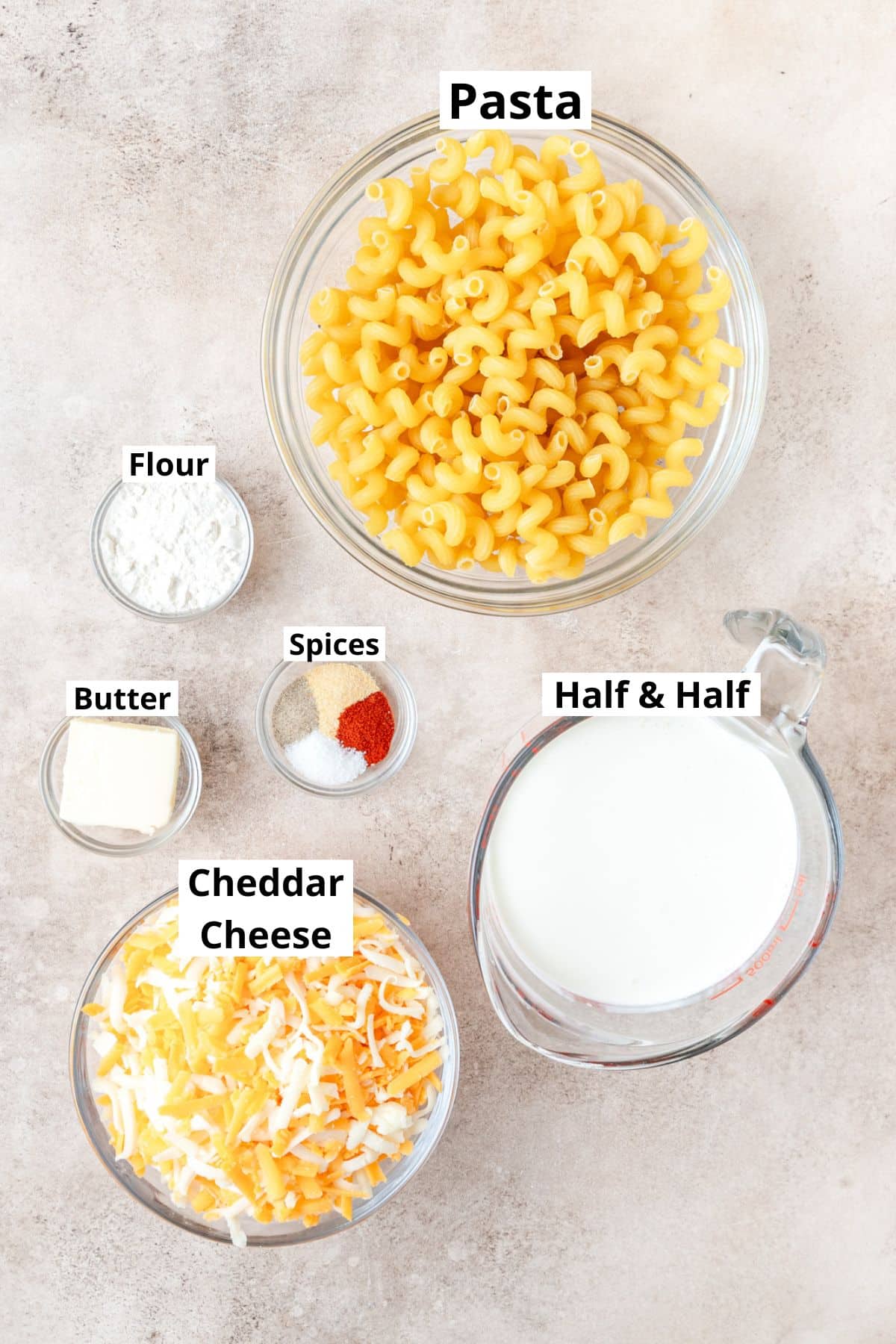 ingredients for baked Mac and cheese.