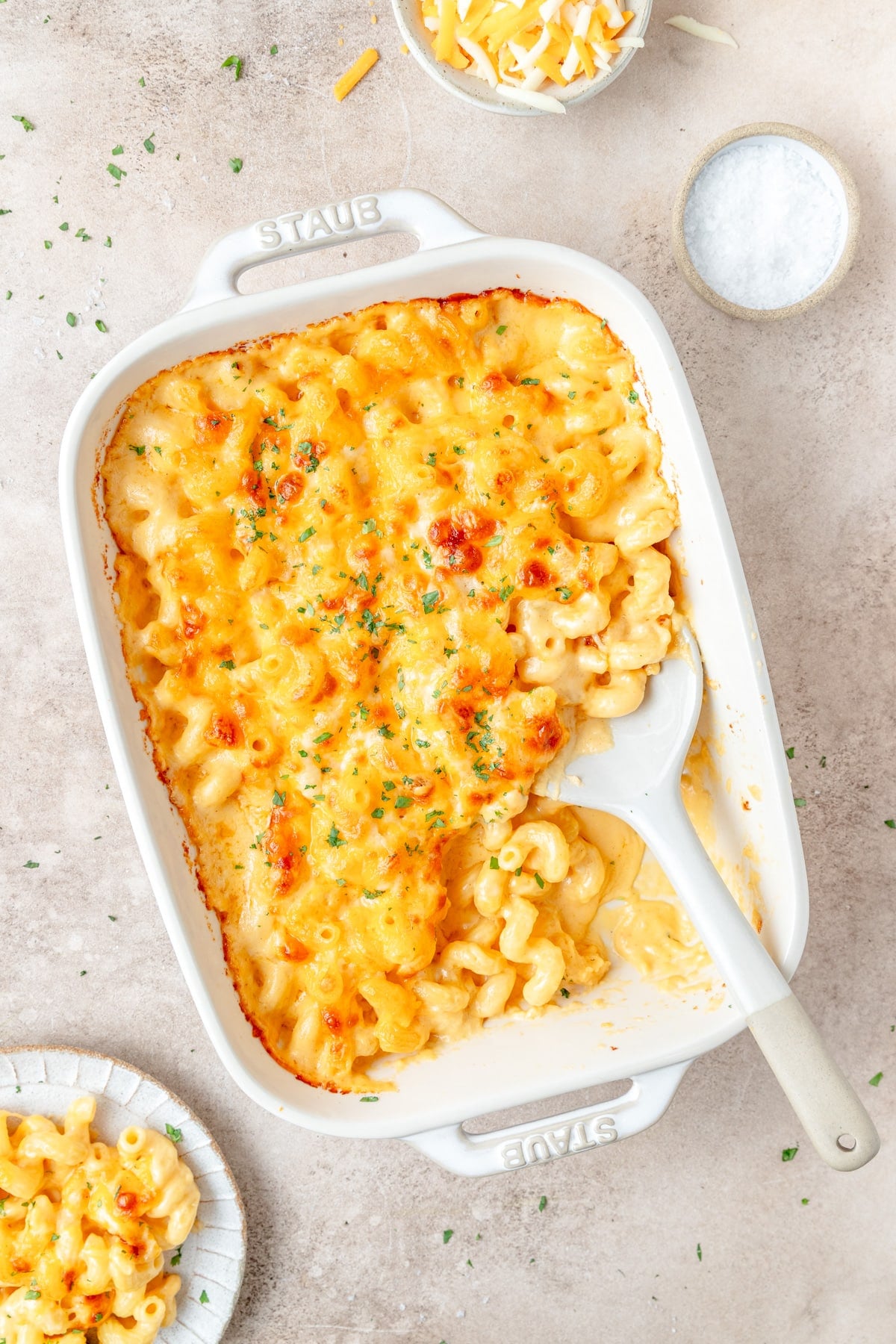 classic baked Mac & cheese in casserole dish.