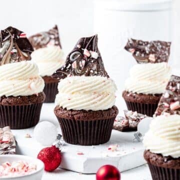 peppermint bark cupcakes with white chocolate buttercream.