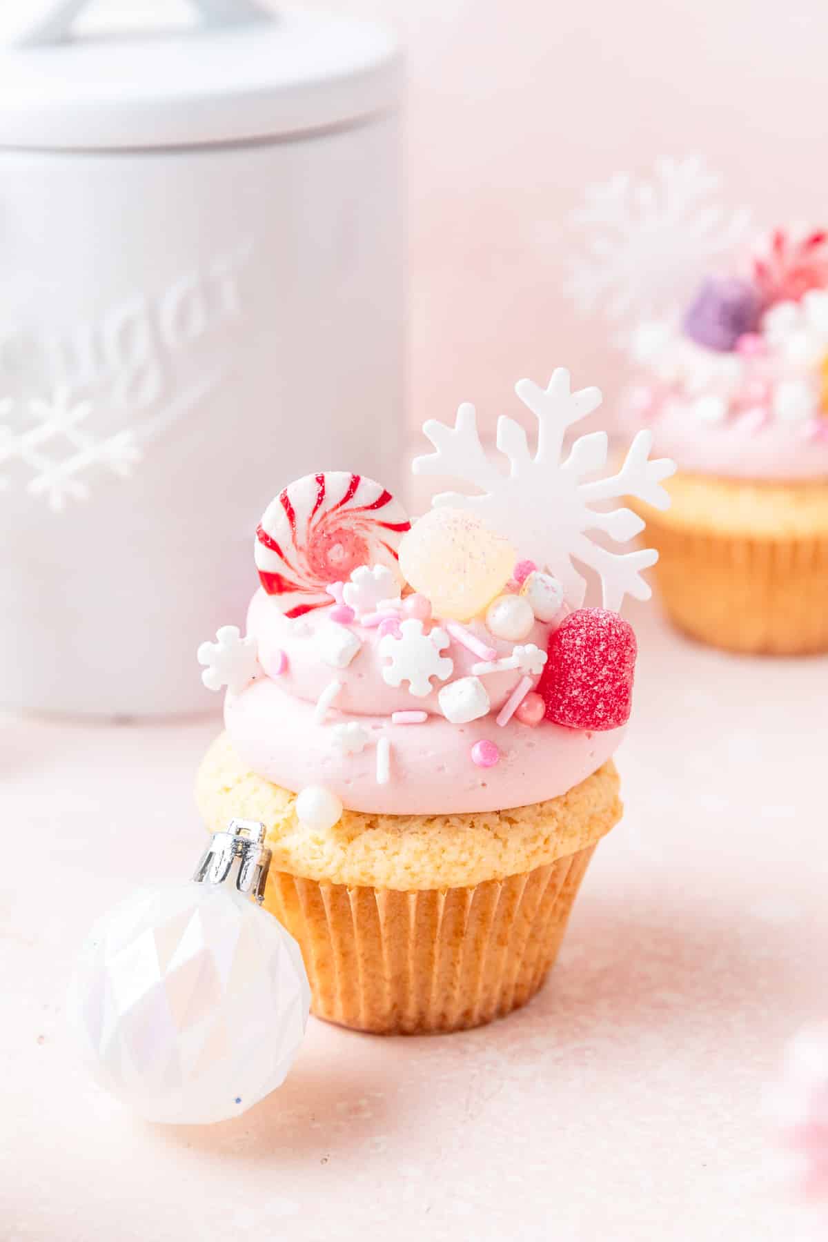 sugar plum fairy cupcakes topped with winter candy.