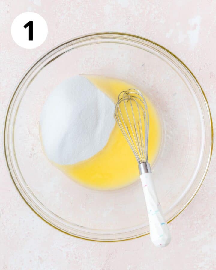 melted butter and sugar in bowl.