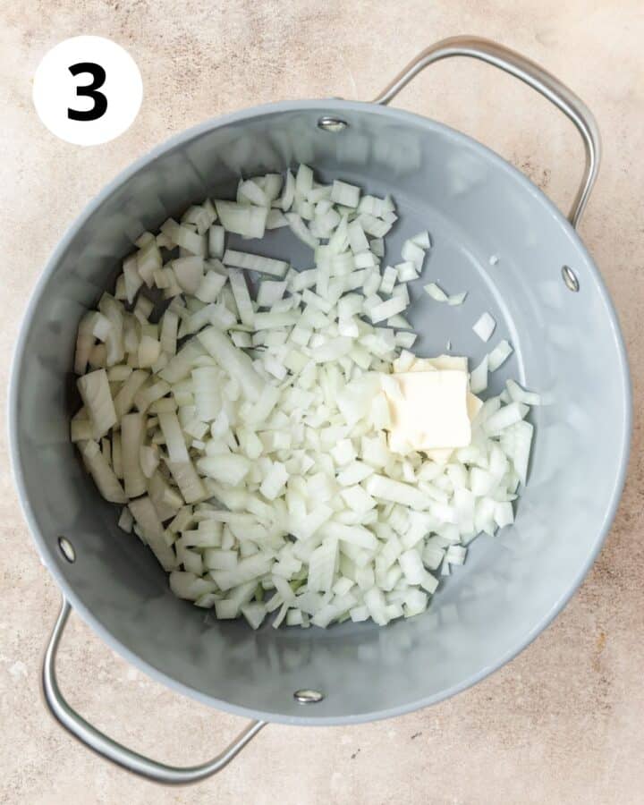 onions and butter in pot.