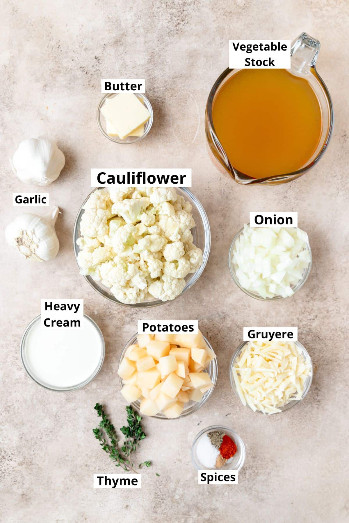 ingredients for roasted garlic cauliflower soup.