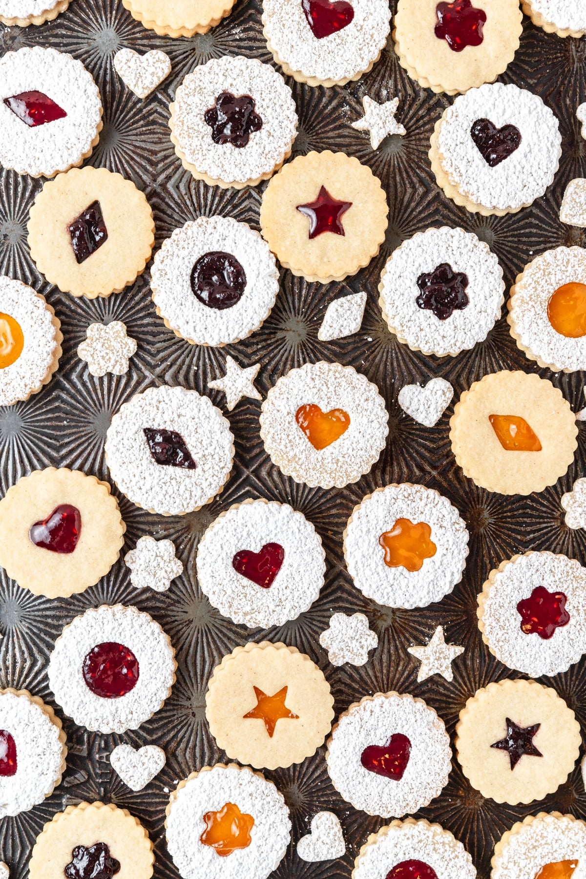 linzer cookies on baking sheet.