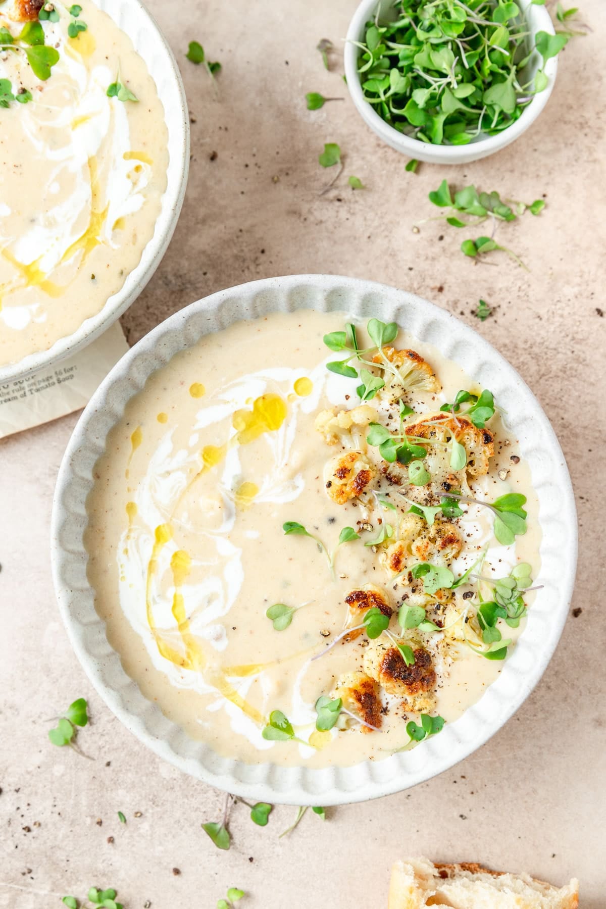 bowl of roasted garlic and cauliflower soup.