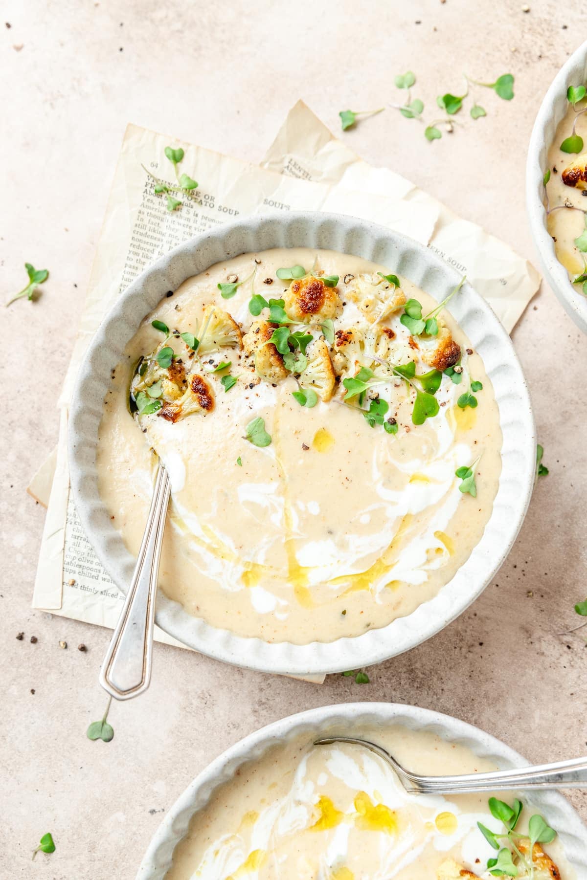 bowl of roasted cauliflower soup.