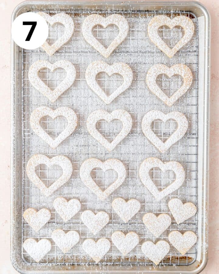 cookie tops dusted with powdered sugar.