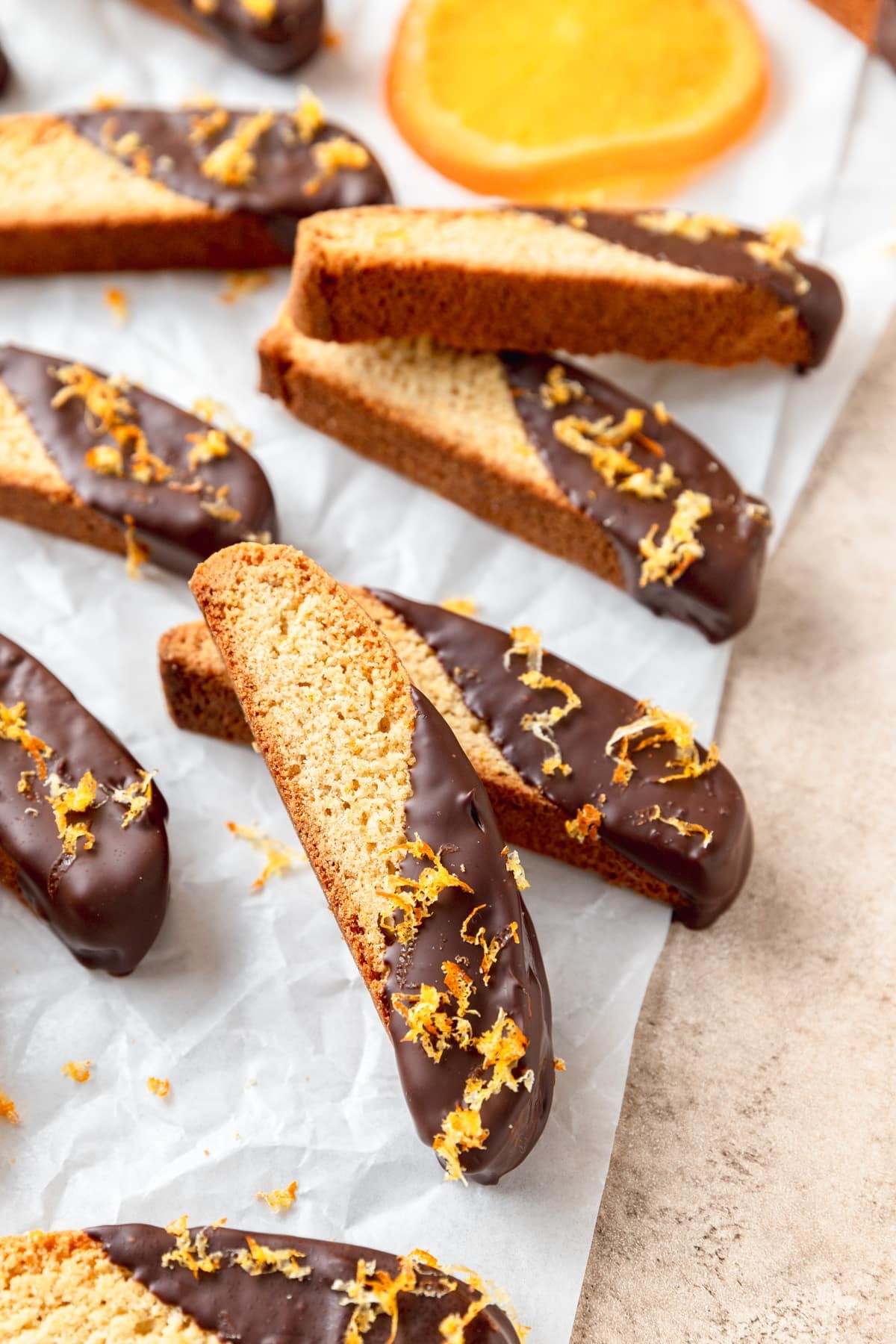 dark chocolate orange biscotti topped with orange zest.