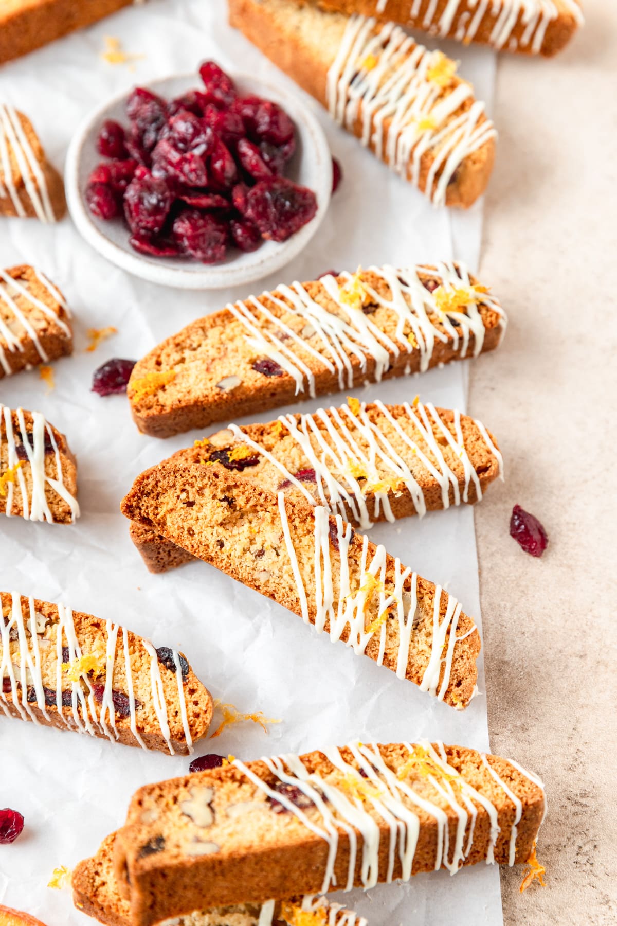 white chocolate cranberry orange biscotti with pecans.