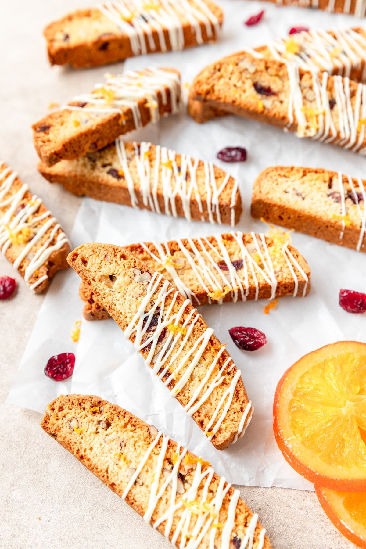 cranberry orange biscotti with pecans.