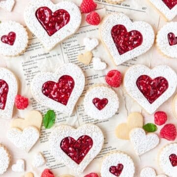 heart shaped raspberry linzer cookies.