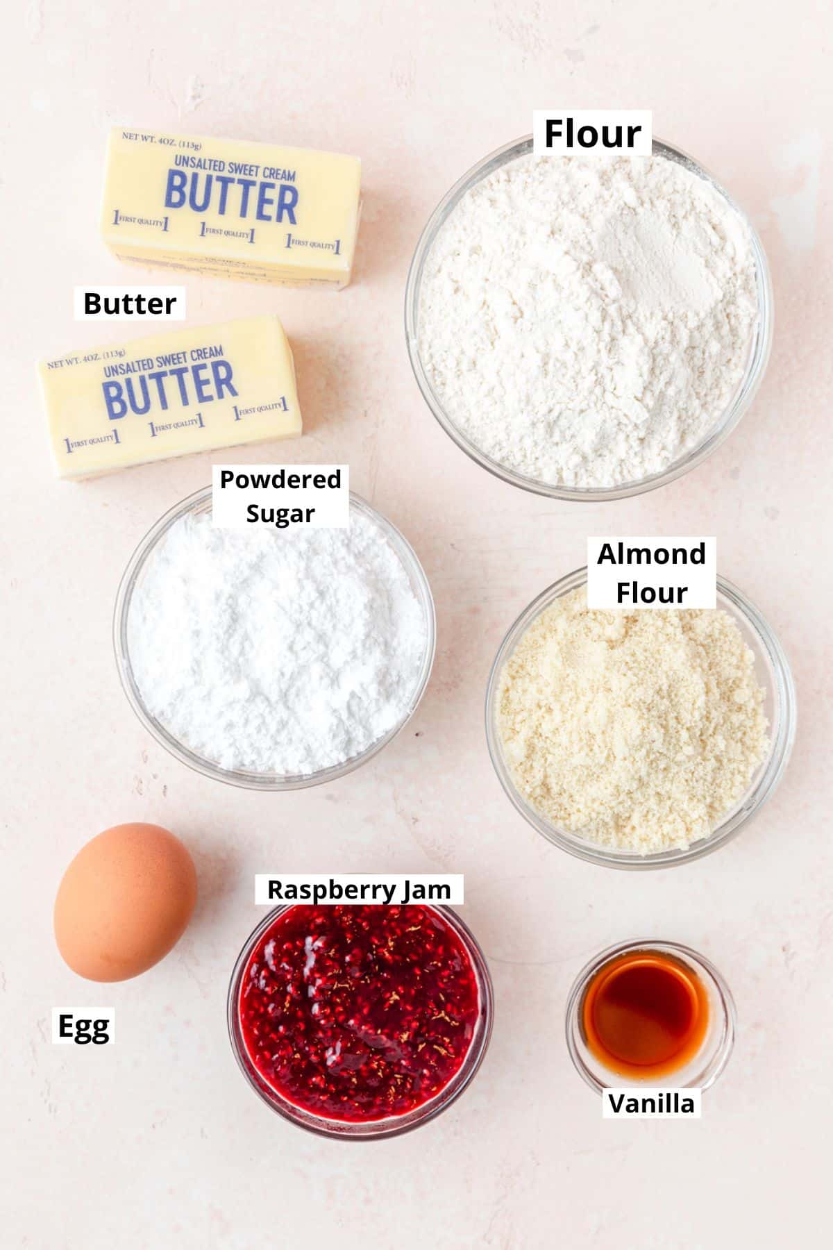 ingredients for raspberry linzer cookies.
