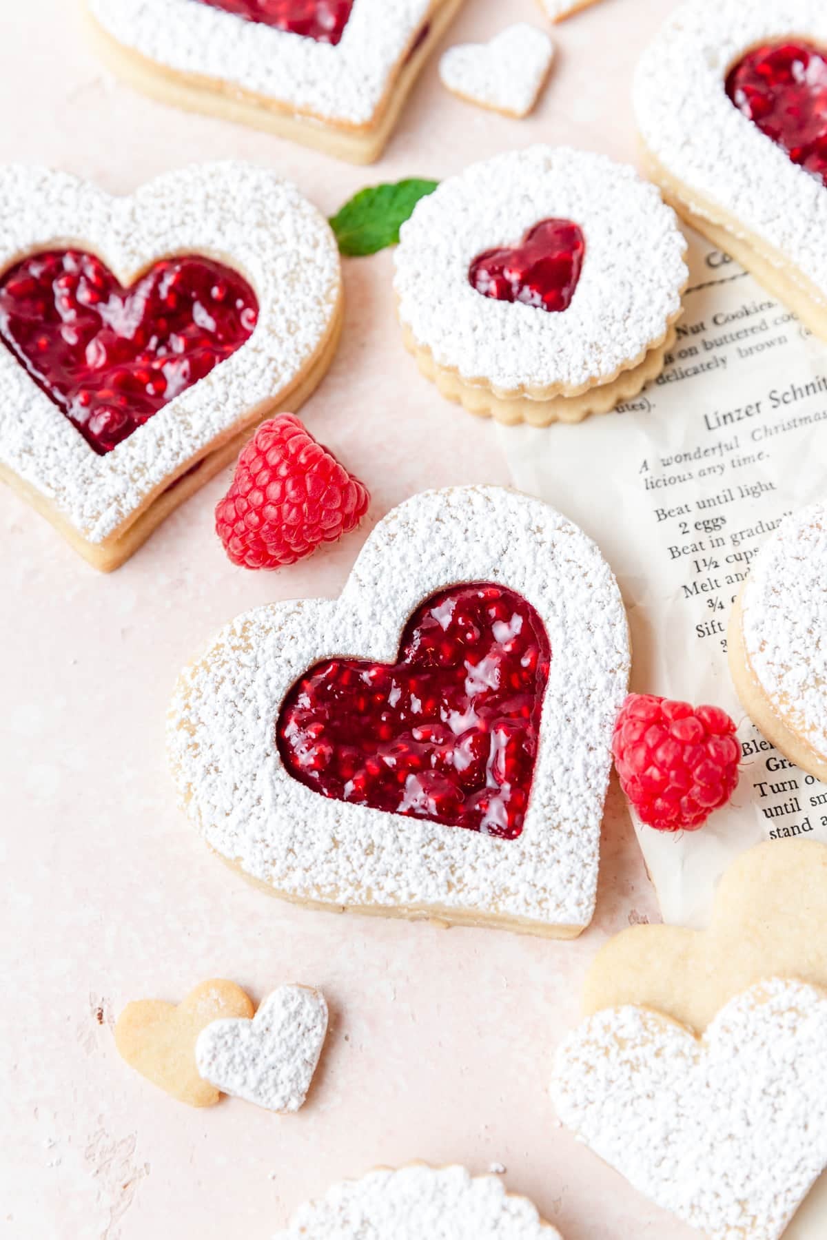hear shaped raspberry filled sandwich cookies.