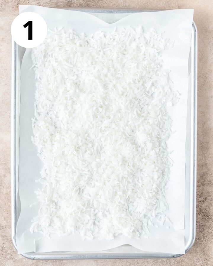 shredded coconut on baking sheet.