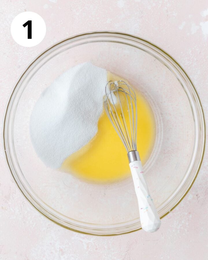 melted butter and sugar in bowl. 