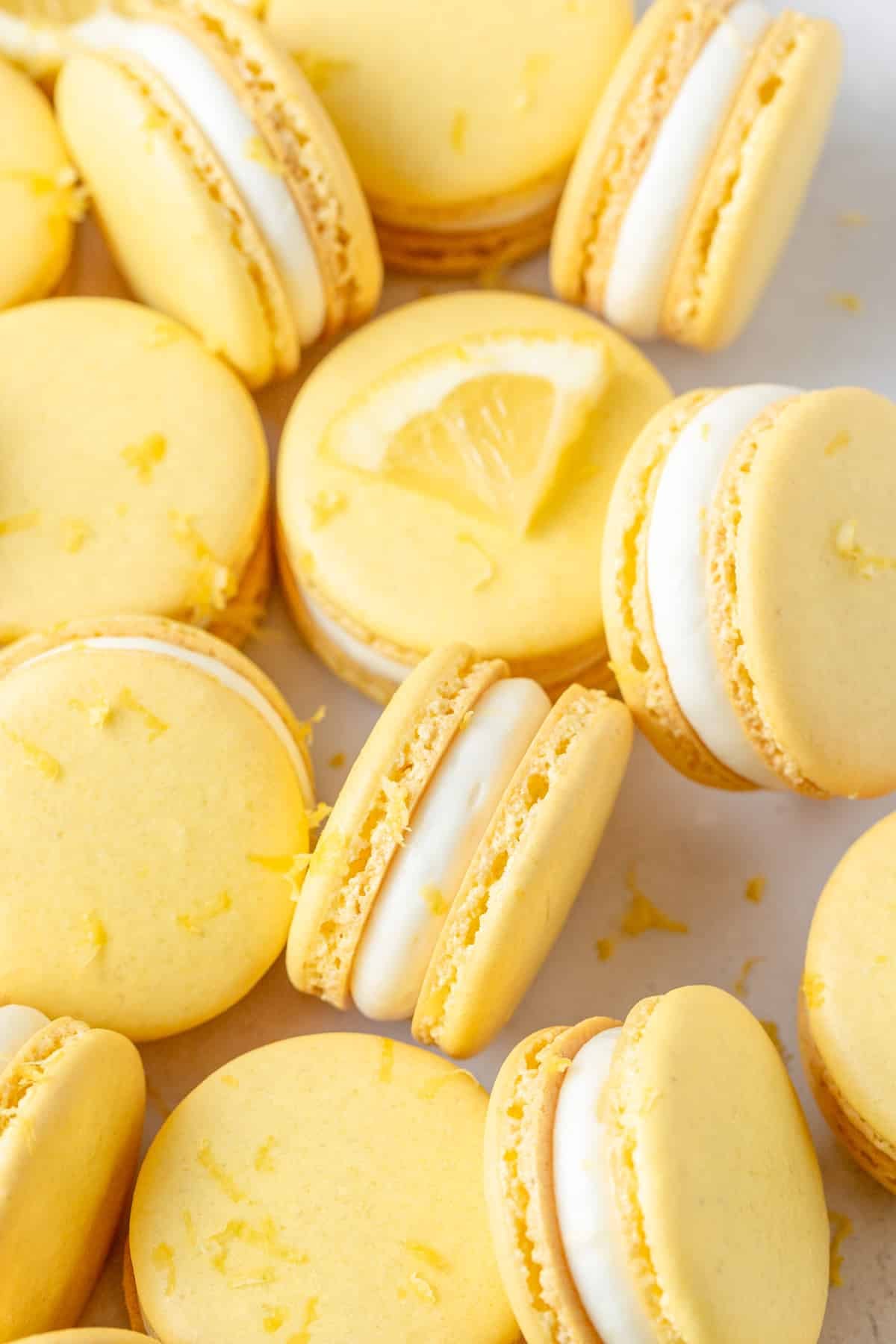 yellow lemon macarons with cream cheese filling.
