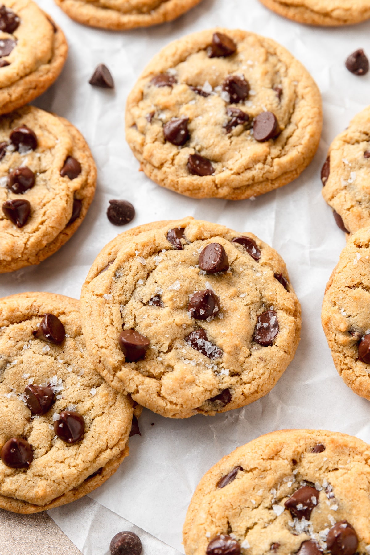 egg yolk chocolate chip cookies with flaky sea salt.