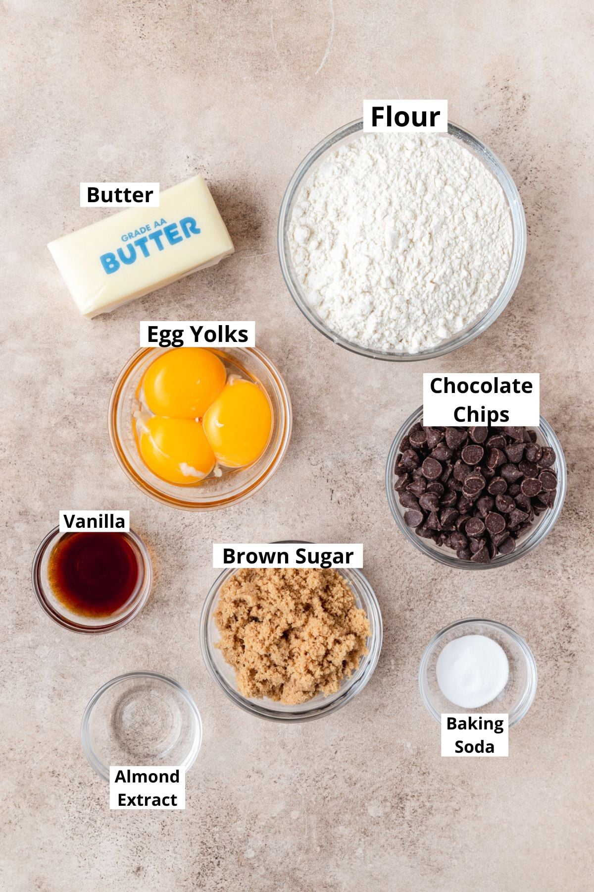 ingredients for egg yolk chocolate chip cookies.