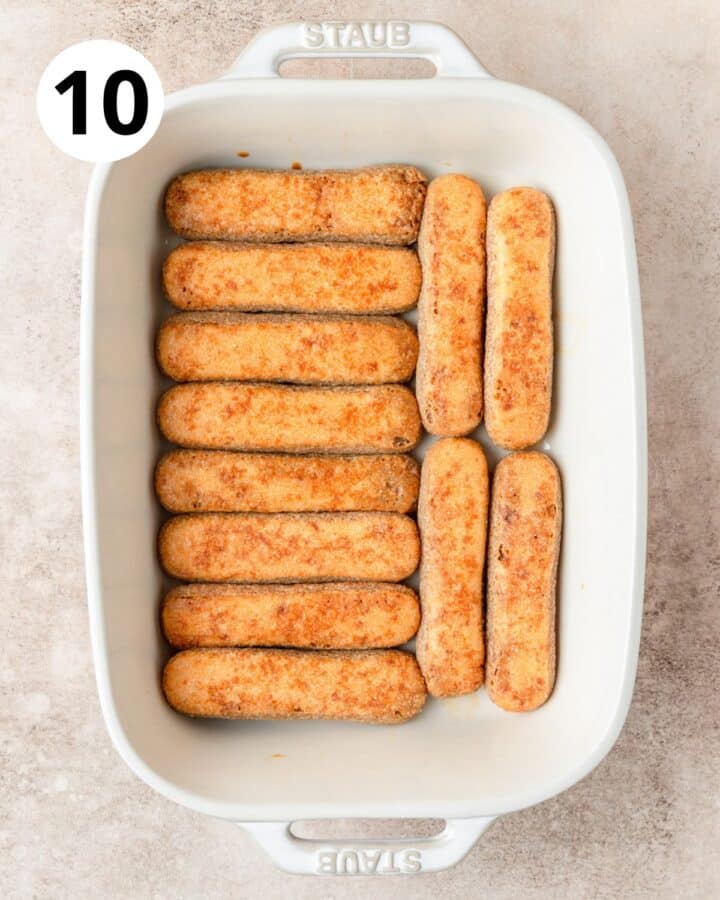 ladyfingers layered in baking dish.