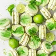 close up of mojito macarons with mint and white rum buttercream.