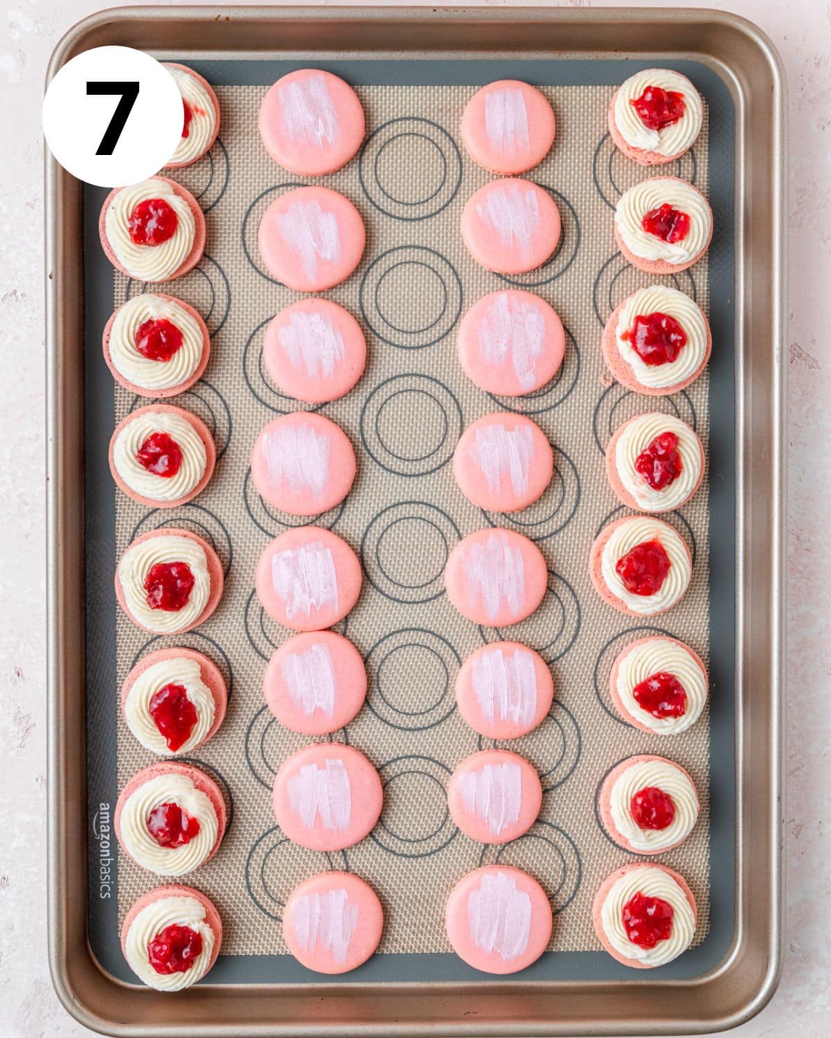 strawberry rhubarb macarons before assembling.
