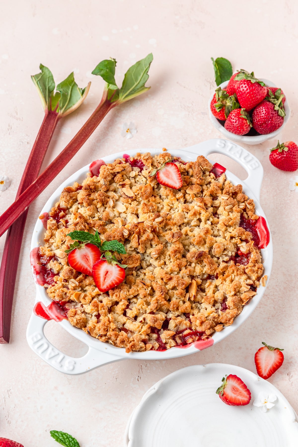 strawberry rhubarb cobbler with crisp topping.