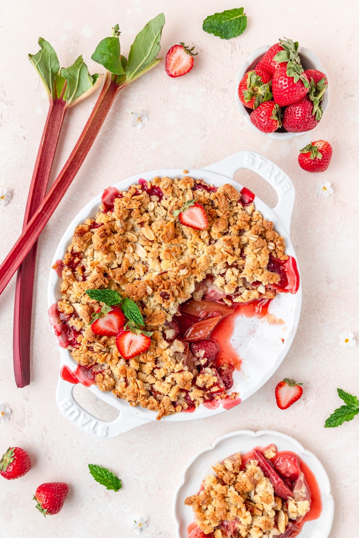 strawberry rhubarb crisp with almond crisp topping.