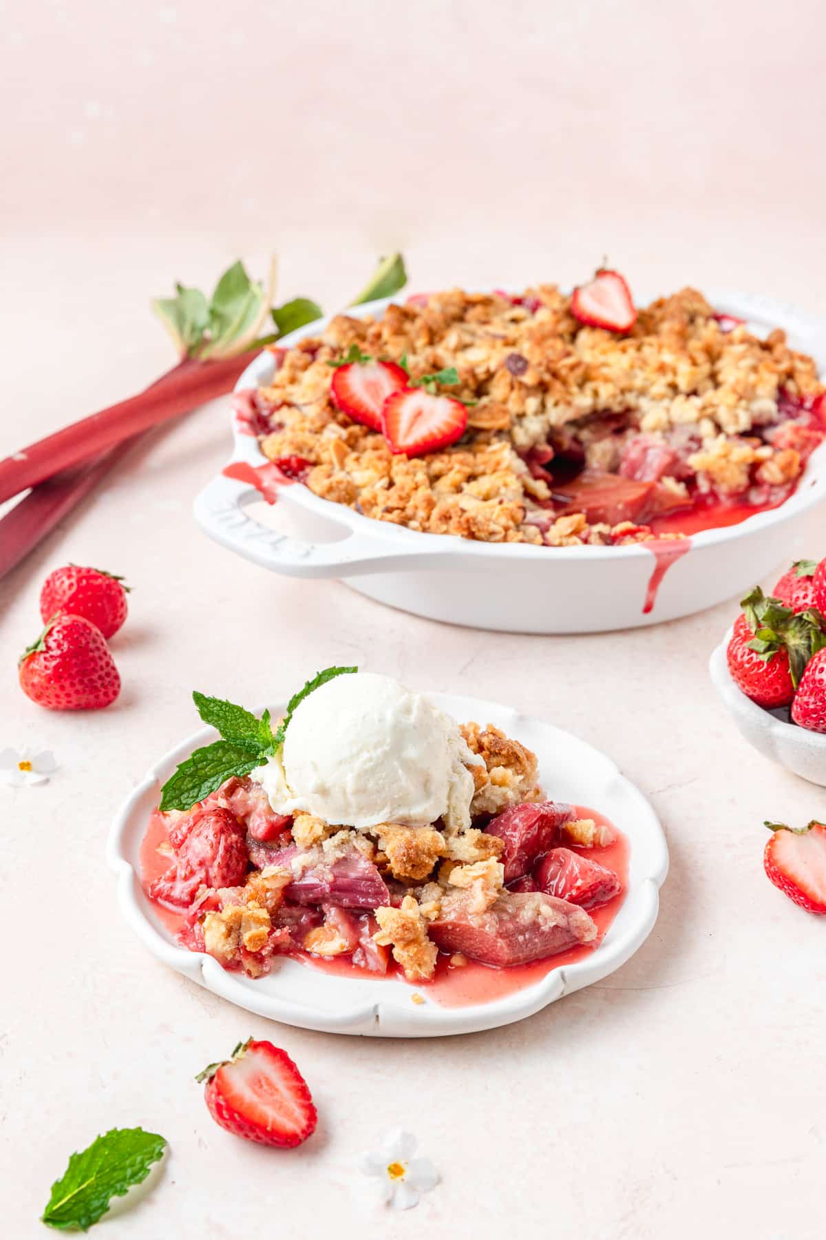 strawberry rhubarb crisp with ice cream.