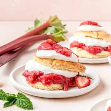 close up of strawberry rhubarb shortcake.