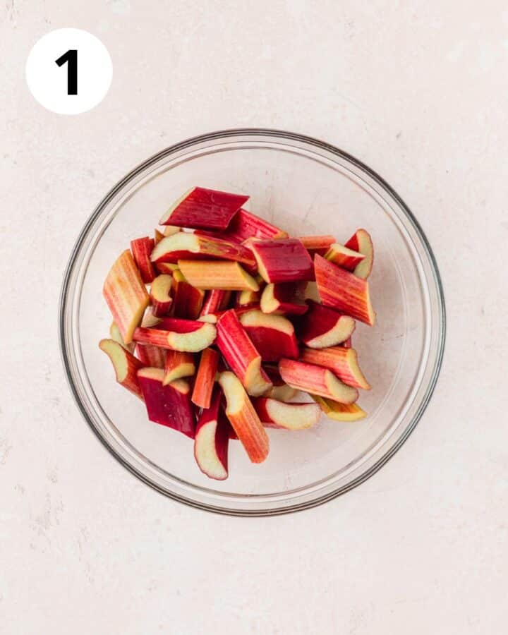 sliced rhubarb in bowl.