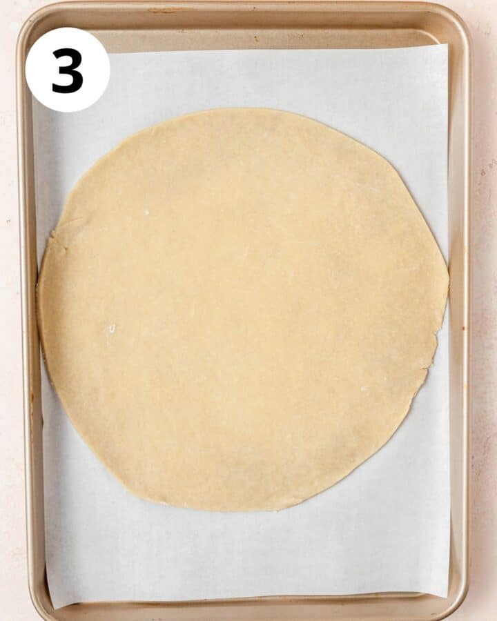 pie dough rolled out into large circle.