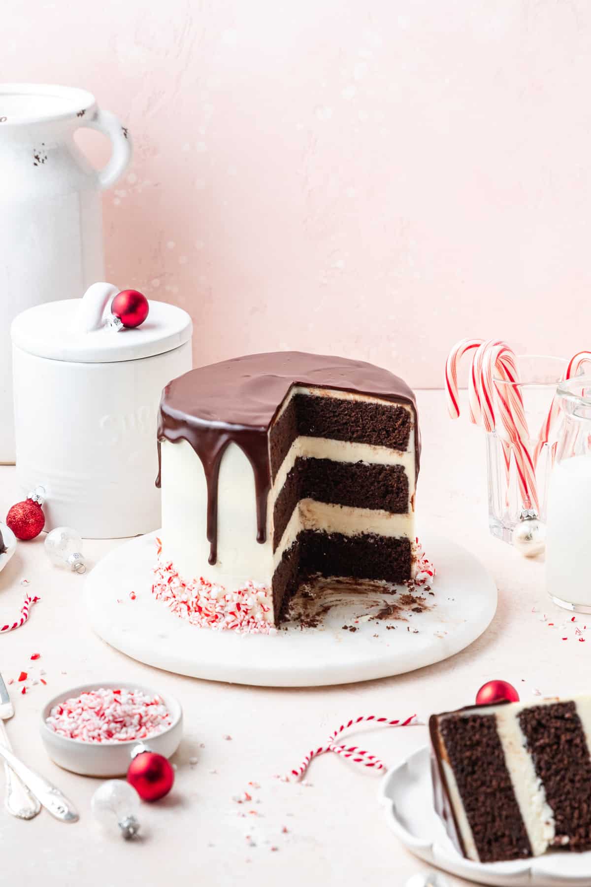 slice taken out of chocolate peppermint cake.
