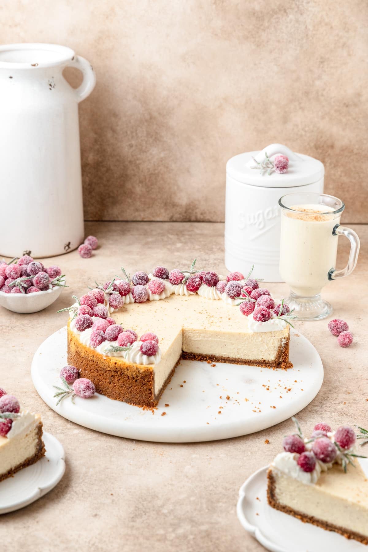 creamy eggnog cheesecake with gingersnap cookie crust.