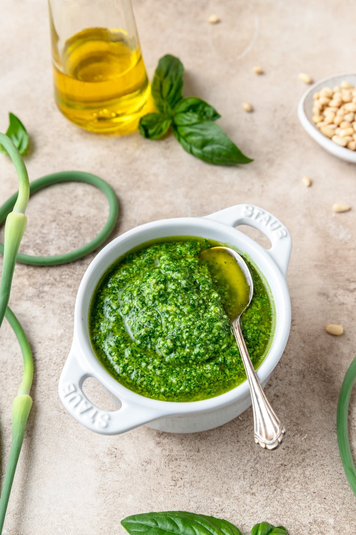 bowl of garlic scape pesto.