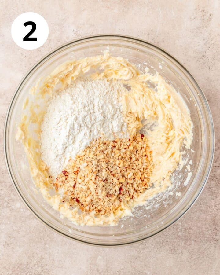 adding flour and chopped hazelnuts.