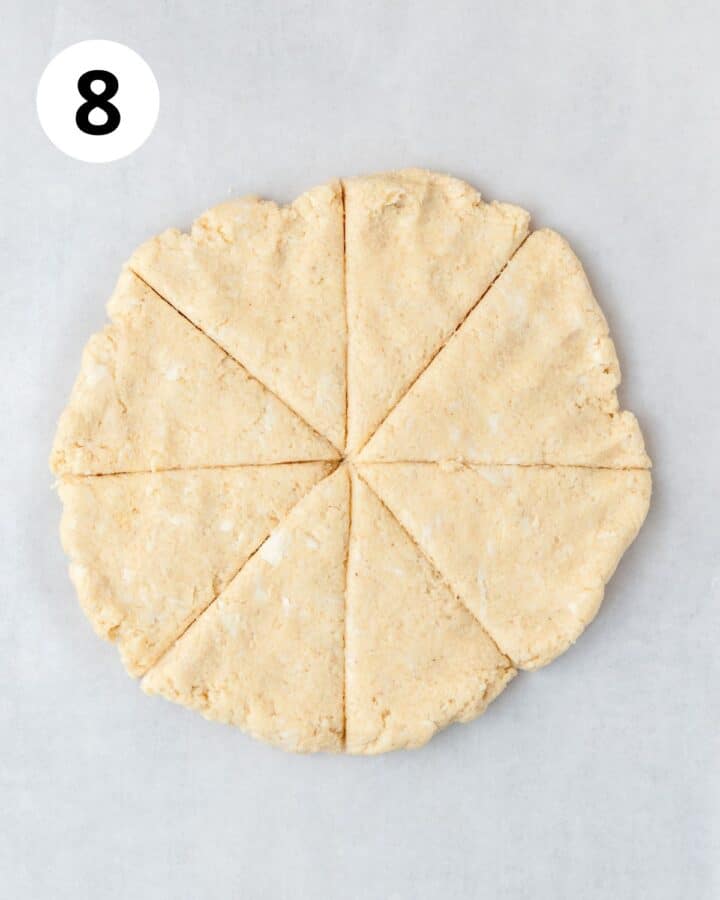 scone dough cut into eight triangles.