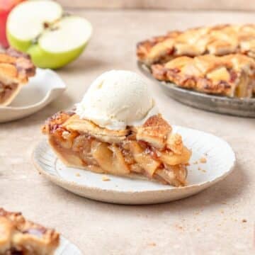 close up of homemade apple pie with lattice pie crust.