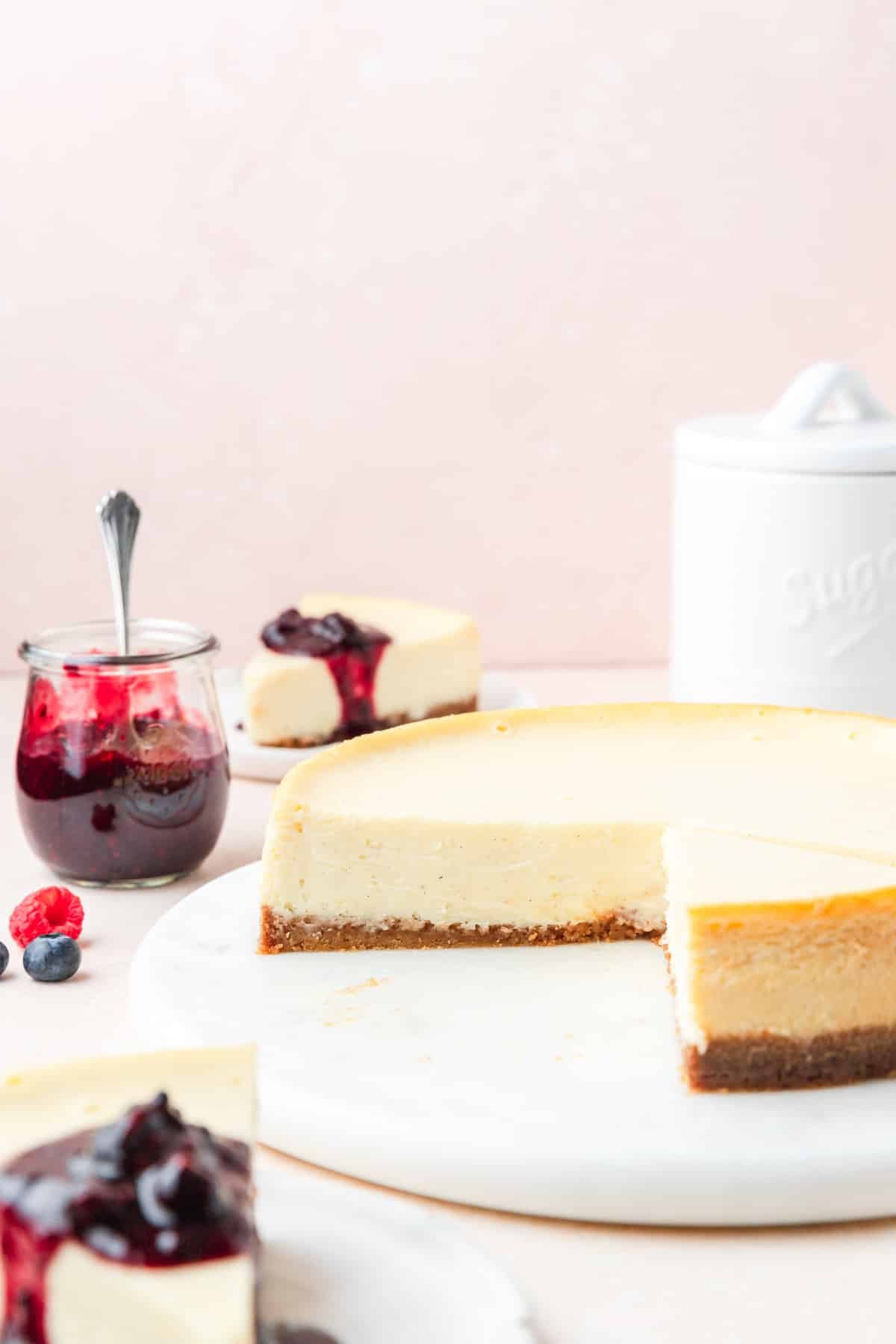 slice taken out of mascarpone cheesecake.