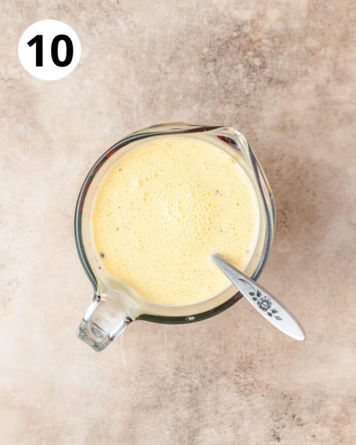 adding half and half to egg mixture. 