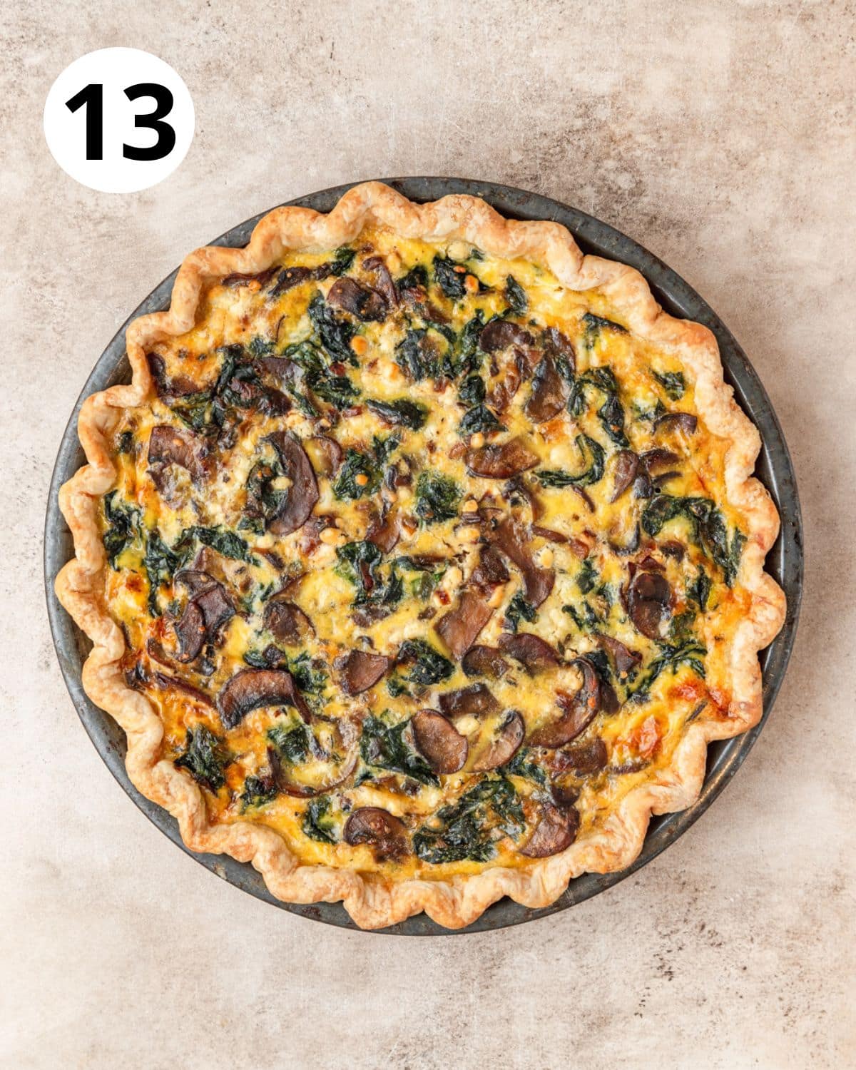 spinach mushroom quiche after baking.