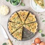 close up of broccoli cheddar quiche.