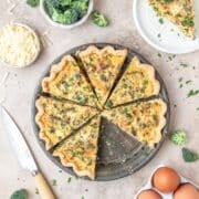 close up of broccoli cheddar quiche.