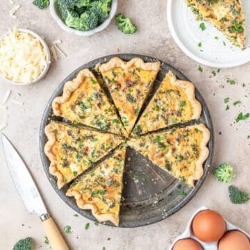 close up of broccoli cheddar quiche.