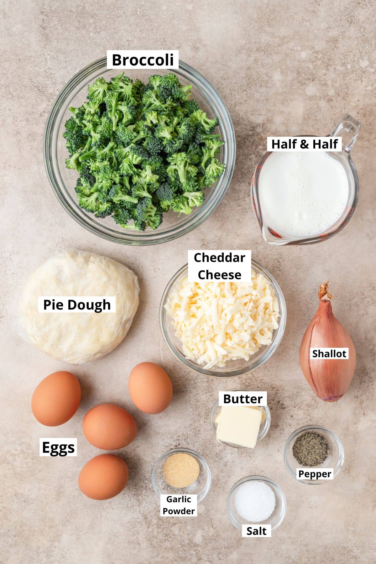 ingredients for broccoli cheddar quiche.