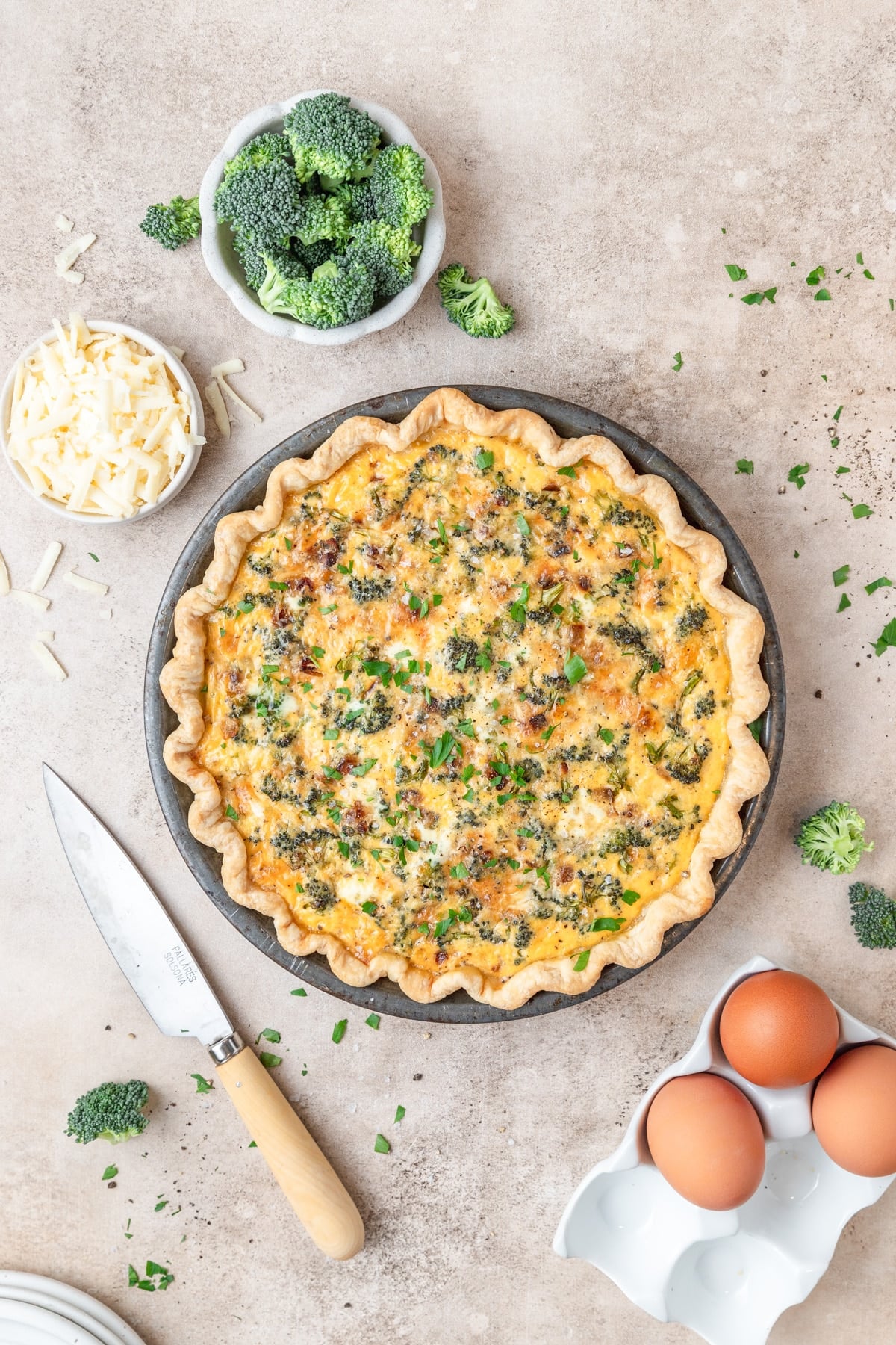 broccoli white cheddar quiche after baking.